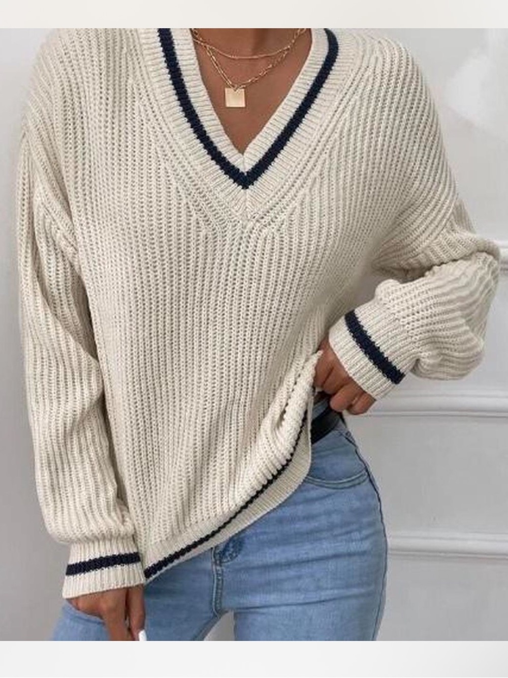 SHEIN Cream V-Neck Sweater with Navy Trim